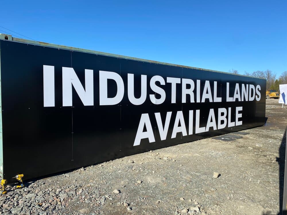 Large-format industrial lands available site sign, Eastern Ontario
