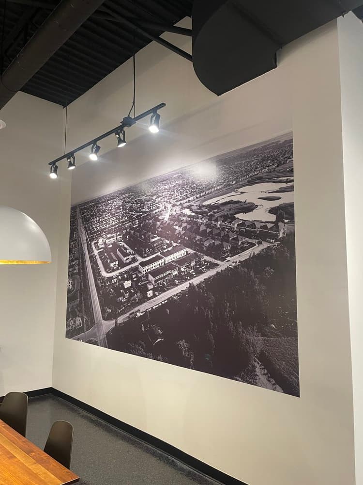 Corporate interior black and white aerial city mural