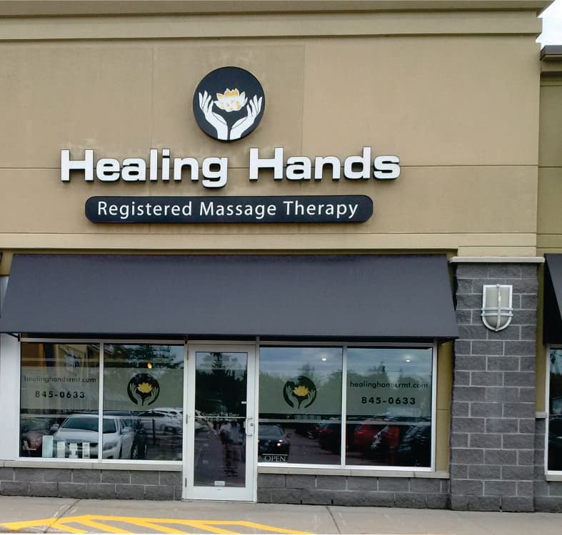 Healing Hands Massage logo fascia and window sign