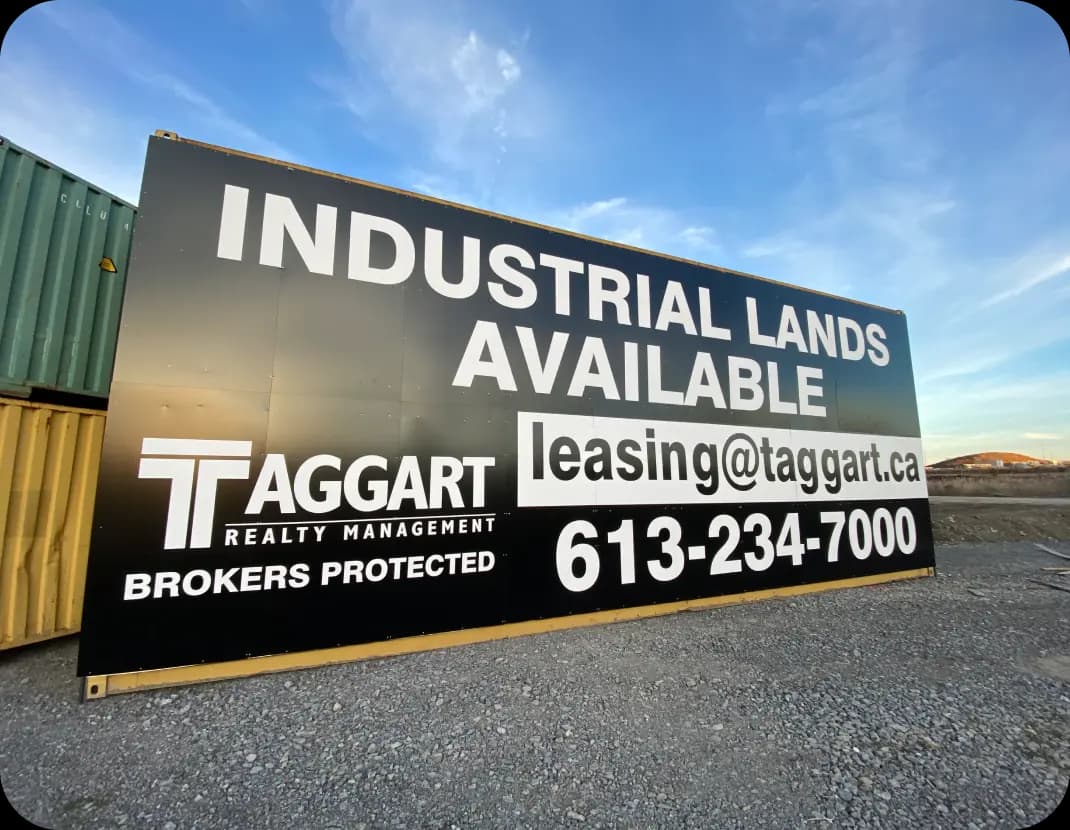 Industrial real estate site sign installed by Lundon Calling in Eastern Ontario