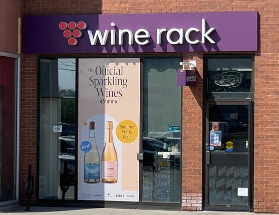 Wine Rack retail storefront fascia sign and window graphics